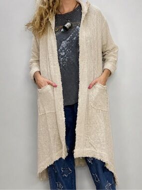Cream Open-Front Hooded Longline Sweater Cardigan